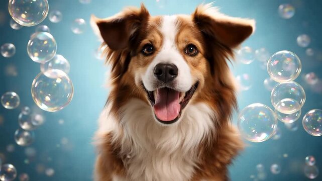 A fluffy brown and white dog playing with floating bubbles 4k video