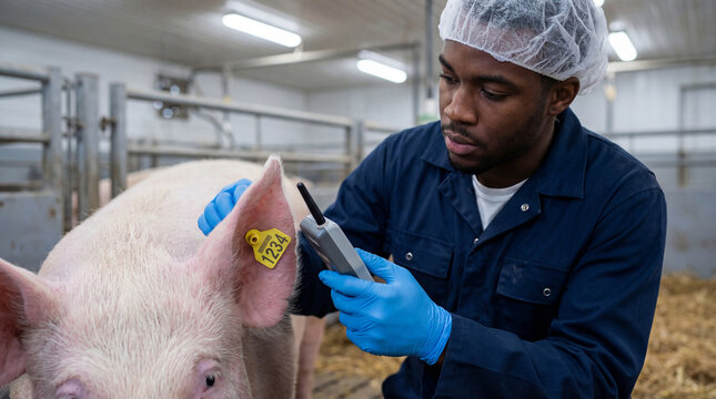 Veterinarian scanning a pig's RFID ear tag with a handheld reader during a livestock health inspection - Animal identification, traceability and modern farm management