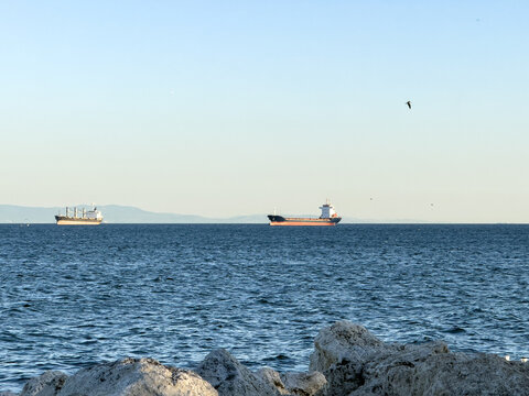 View of two cargo ships sailing on the sea with rocky foreground under a clear blue sky in Avcilar, Istanbul, Turkiye.
