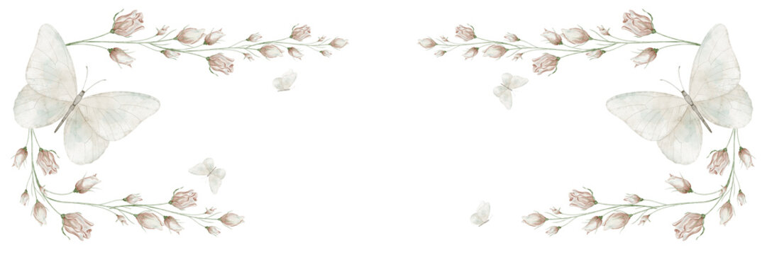Butterfly banner watercolor illustration. Decorative horizontal floral border with butterflies and rose flowers isolated on background. Botanical template for nursery decor, wedding invitations.