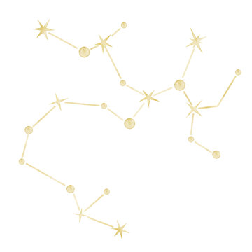 Sagittarius watercolor constellation illustration on isolated background. Golden zodiac star map for astrology, horoscope, nursery decor, celestial collections and fantasy designs.