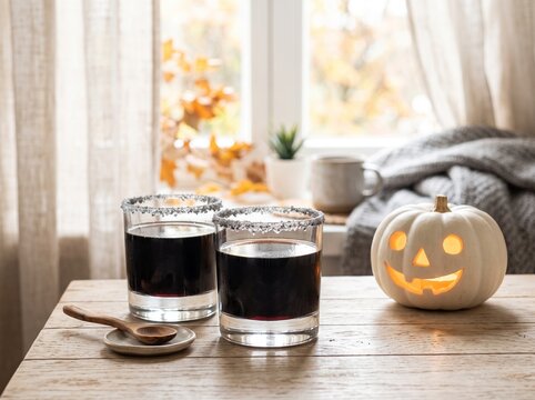 Finnish Salmari Salty Liquorice Shot Drinks with Halloween Decor