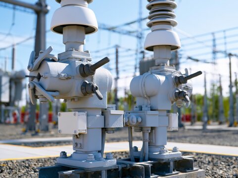 High voltage disconnect switches in outdoor switchyard during bright daylight