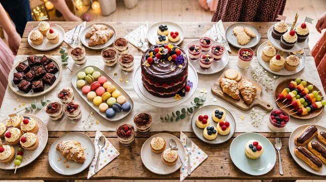 Abundant Dessert Table Spread with Cake Macarons Brownies and Fruit Skewers