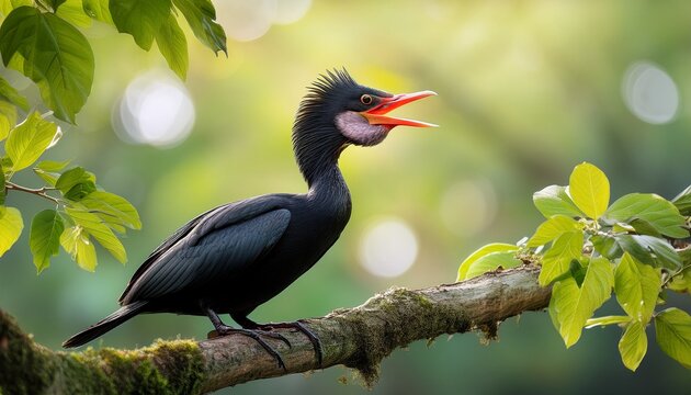 A Black Water Bird Perched On A Tree Branch With Its Beak Open Surrounded By Green Leaves And A Soft Blurred Forest Background In A Natural Wetland Environment