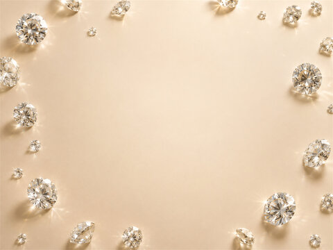Scattered brilliant diamonds form a loose frame around a warm beige background with generous central copy space creating an elegant luxury border for jewelry branding wedding and celebration themes