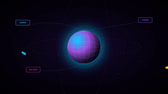 Abstract Digital Sphere with Orbiting Nodes for Cryptocurrency DeFi and Blockchain Ecosystem Concept