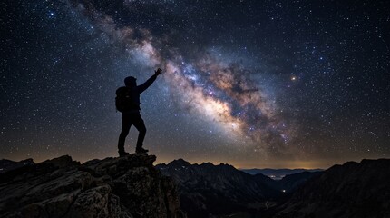 Fototapeta premium Hiker Reaches for the Stars Under the Milky Way Galaxy on Mountain Peak