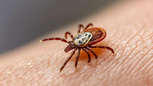 A detailed macro close up of a dangerous parasitic tick, Dermacentor reticulatus, crawling on human skin, representing a health hazard, Lyme disease risk, and parasite infection