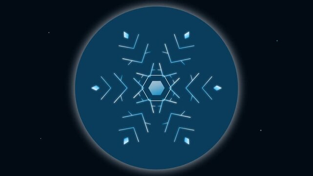Abstract Glowing Neon Snowflake Animation Forming on a Dark Blue Background Digital Motion Graphic