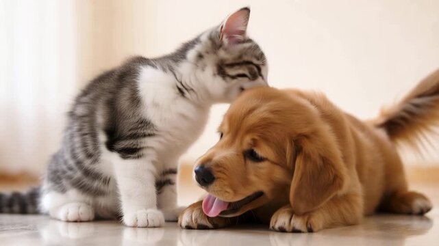 Cute kitten and golden retriever puppy playing together on floor 4k video