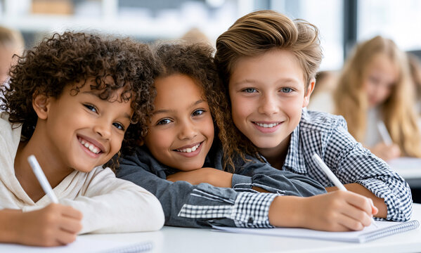 Group of three happy diverse schoolchildren smiling together at desk in classroom, holding pens and writing in notebooks during lesson with classmate on background
