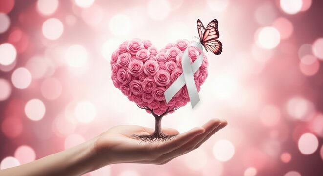 Conceptual image of a hand holding a heartshaped tree made of pink roses with a white awareness ribbon and a butterfly, symbolizing hope, healing, and support for cancer awareness