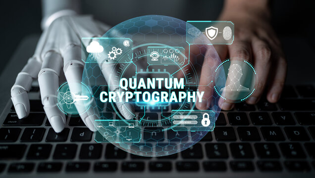 Futuristic Robotic Hand Engaging in Quantum Cryptography Technology on Laptop Keyboard with Digital Interface Overlays and Cybersecurity Elements Fluxor.