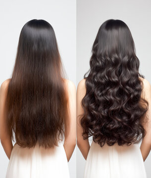 Before and after hair transformation of a woman showing long straight brown hair vs beautiful voluminous wavy dark curls, isolated portrait view from the back