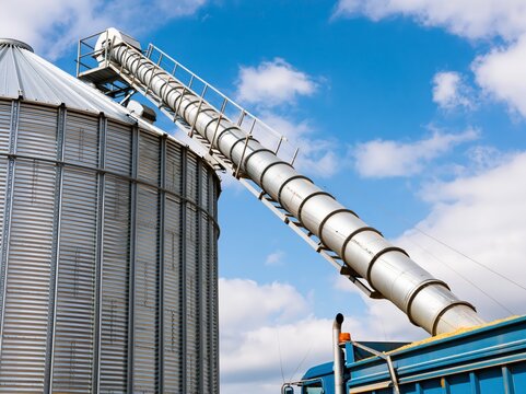 Grain auger connects truck to steel storage bin during daytime operation