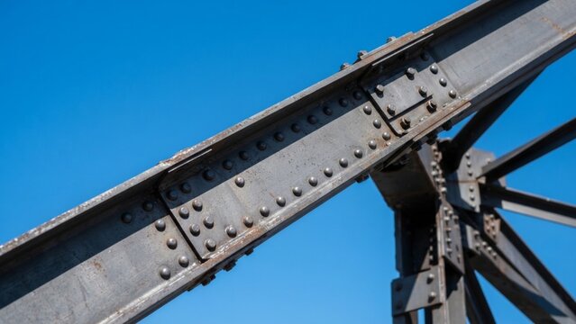 Industrial Steel Bridge Structure and Metal Beam Framework against Blue Sky