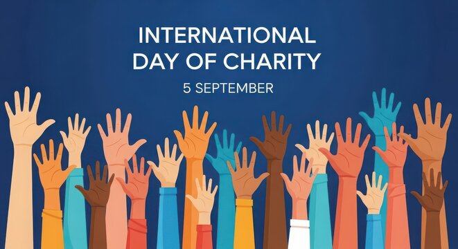 International day of charity banner with diverse raised hands on blue background