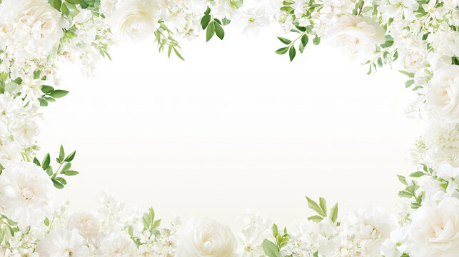 白い薔薇と緑の葉で囲んだ結婚式や招待状向けの花フレーム背景
