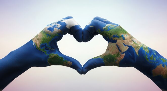 Hands painted with a world map forming a heart shape, symbolizing global unity, environmental care, and love for the planet