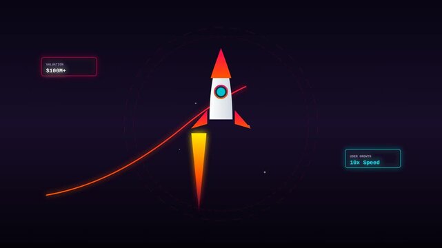 Startup Business Growth Rocket Animation with Valuation and Speed Metrics Digital Infographic Chart