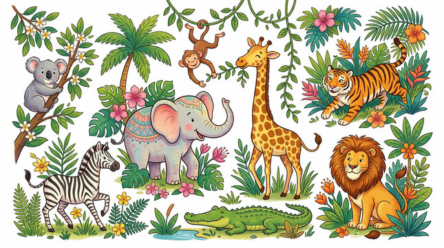 Cute cartoon jungle animals collection featuring elephant giraffe lion tiger zebra monkey and koala in tropical forest.