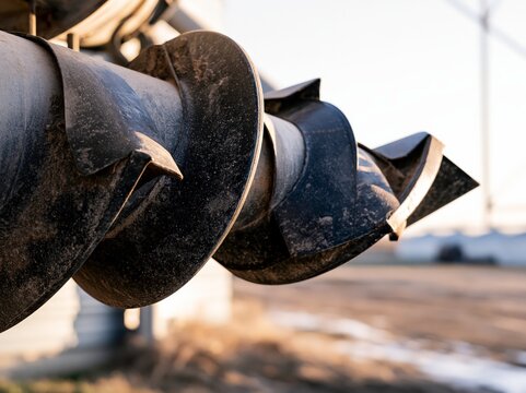 Exposed flighting of a grain auger with the tube cover open showing spiral structure