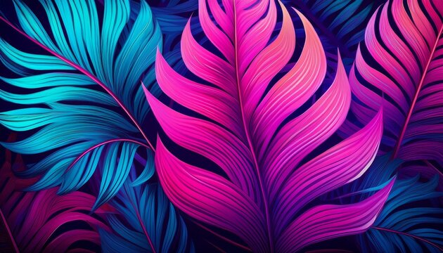 Neon Tropical Leaves Background With Pink Fuchsia And Cyan Blue Vaporware Colors