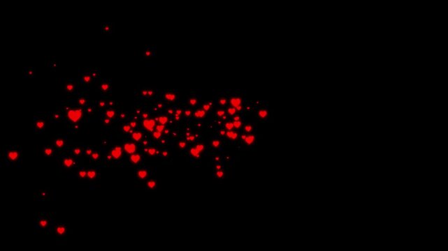 Large heart shape formed with tiny red hearts, glitter particles and glowing light line effects, seamless 3d loop animation on black background for valentine&rsquo;s day romantic wedding backdrops.