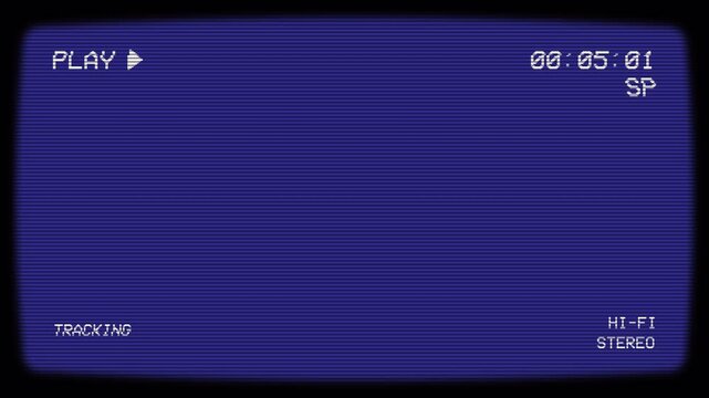 Analog VHS Playback Interface Screen with Play Indicator, Tracking, Scanlines, Subtle Noise and Time Counter. Retro VCR Player Playback Overlay with Venetian Blind, Scanlines, Distortion Noise Effect