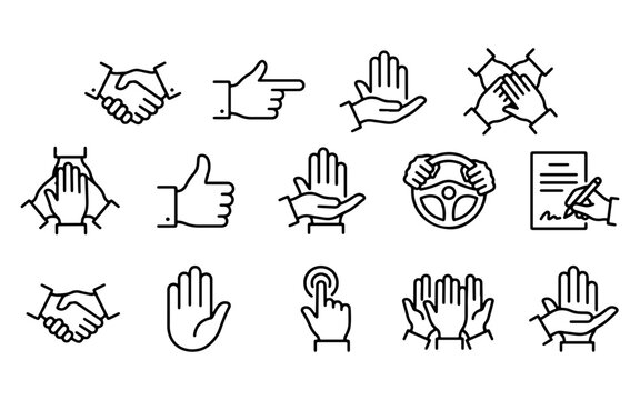 Set of black and white line icons depicting various human hand gestures and actions for modern web design