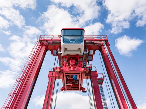 Straddle carrier equipment with operator cab and hoist machinery seen against clear sky