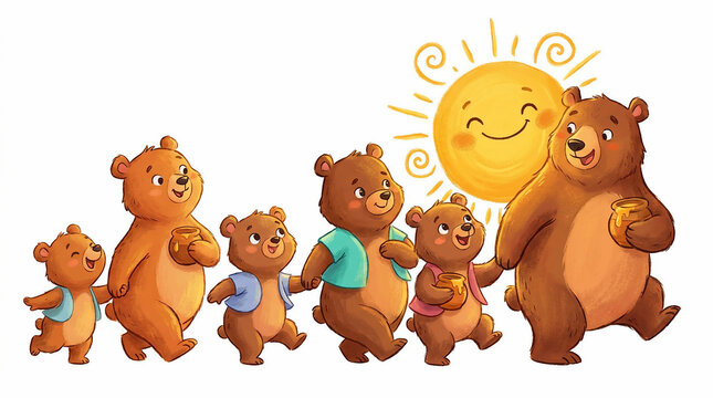 A cute family of brown bears walking together under a smiling sun illustration.