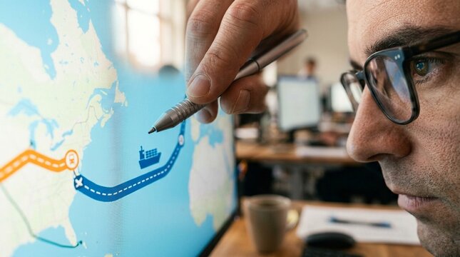 Analyst reviewing an end-to-end shipment tracking map showing a shipment split across ocean and rail legs