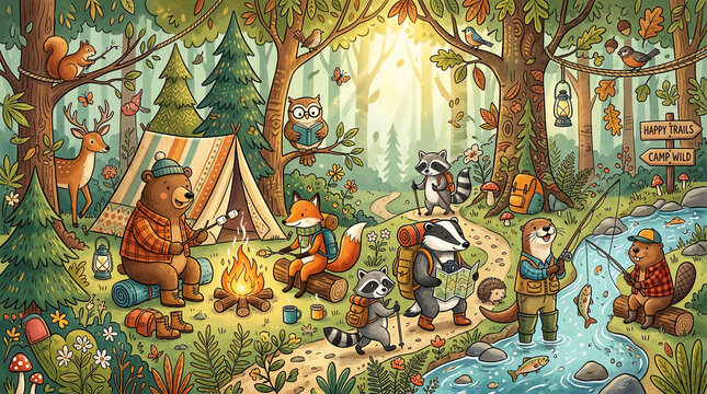 Cute cartoon animals camping in the forest with a tent and campfire.
