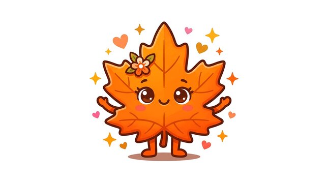 Kawaii autumn maple leaf character, cute orange fall foliage mascot with happy face, whimsical seasonal illustration for children and thanksgiving