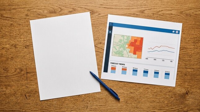Weather advisory printout a dashboard screenshot and a pen on a desk