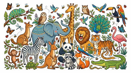 Fototapeta premium Set of cute cartoon wild animals and birds in a colorful illustration style.