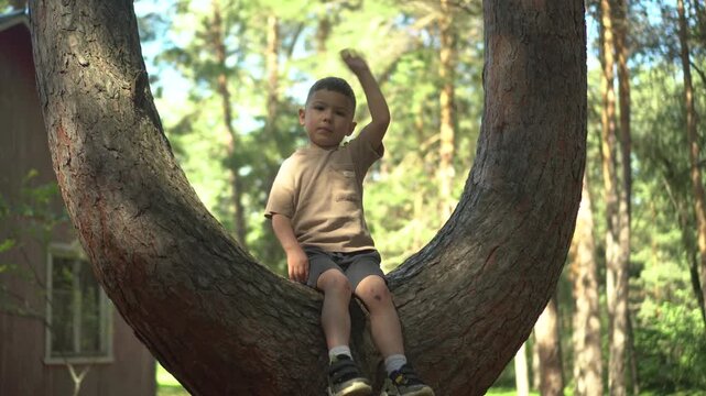 Little Child Sitting on a Tree Branch Fork in Nature and Waving Hand, Close Up