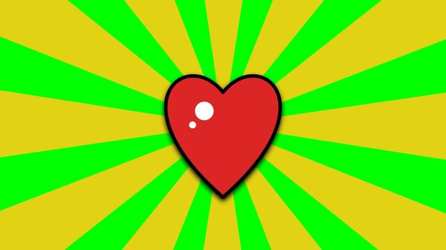 Red hearts beating on vibrant yellow and green sunburst background