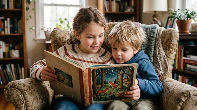 Two young siblings reading a storybook together in a cozy armchair