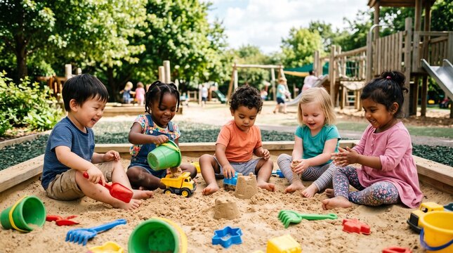 Diverse group of young children playing together in a sunny sandbox at a playground