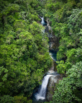 Aerial view of Jima Falls cascading through lush tropical rainforest with dense green canopy and rocky riverbed in Bonao, Monsenor Nouel, Dominican Republic.