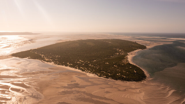 View of Heart shaped Island surrounded by tidal sandbanks and turquoise waters in Vilankulos, Inhambane Province, Mozambique.