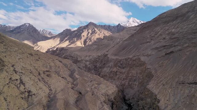 Aerial view of rugged mountain landscape with deep valleys and snow-capped peaks under a blue sky in the Himalayas Diskit, Ladakh, India.