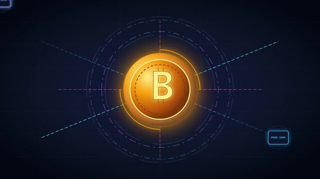 Abstract Digital Bitcoin Concept with Glowing Gold Coin Animation on Dark Cyber Background