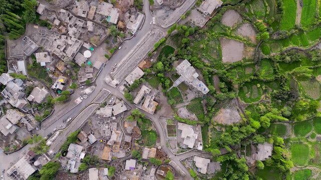 Aerial view of Diskit Monastery surrounded by traditional buildings and lush green fields in Diskit, Ladakh, India.
