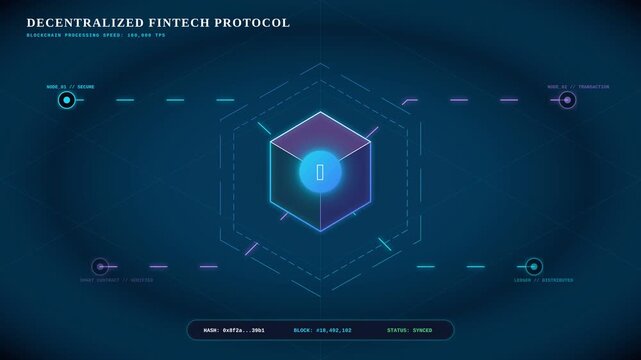 Abstract Digital Blockchain Network Interface with Rotating Geometric Cube Animation in Deep Space