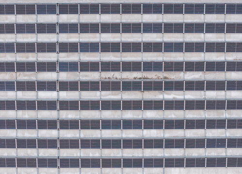 Aerial view of solar panels installed on the roof of Ergo Arena in Gdansk, Wojewodztwo pomorskie, Poland.