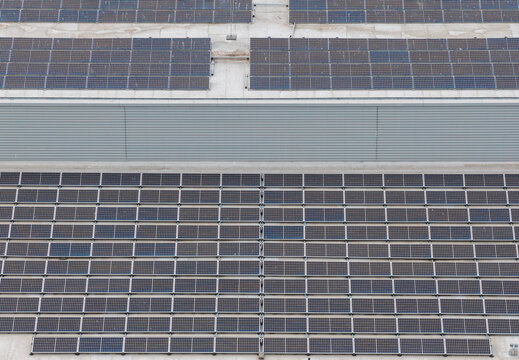 Aerial view of solar panels on the roof of the Ergo Arena in Gdansk, Wojewodztwo pomorskie, Poland.